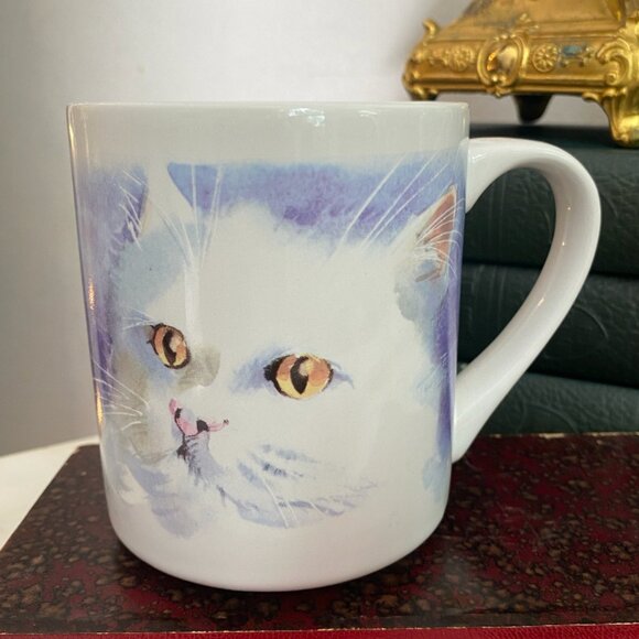 Vintage White Fluffy Cat Kitten Cats Blue eyes Golden eyes Applause 80s 90s Mug - Picture 3 of 4